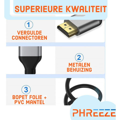 HDMI Kabel 8K - 1.8 Meter - HDMI Kabel 2.1 - Ultra HD 8K + 4K 120hz - HDMI naar HDMI Kabel - 8K HDMI Kabel - Ondersteunt alle oudere HDMI versies zoals 4K - Geschikt voor PS5, XBOX - Accessoires - 3D, Dynamic HDR, ARC, eARC, VRR, QMS, QFT, ALLM - Audio & Video - Phreeze