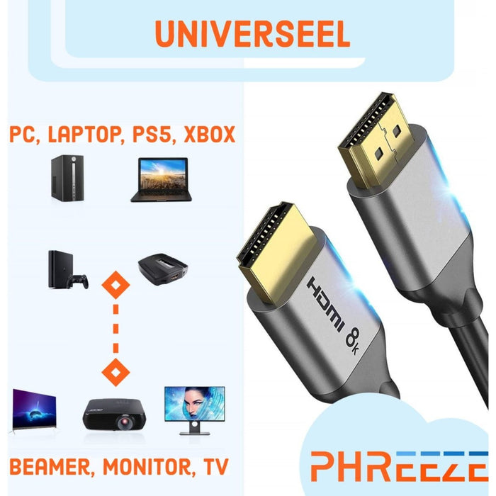 HDMI Kabel 8K - 3 Meter - HDMI Kabel 2.1 - Ultra HD 8K + 4K 120hz - HDMI naar HDMI Kabel - 8K HDMI Kabel - Ondersteunt alle oudere HDMI versies zoals 4K - Geschikt voor PS5, XBOX - Accessoires - 3D, Dynamic HDR, ARC, eARC, VRR, QMS, QFT, ALLM - Audio & Video - Phreeze