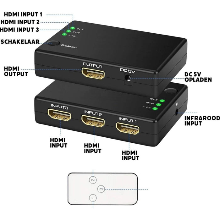 HDMI Switch - 3x Input 1x Output - 4K Ultra HD - 2K QHD - 1080P - High Performance HDMI Switch 4K - HDMI Switch met Afstandsbediening - HDMI Switch 3 Uitgangen - 3 in 1 uit HDMI Switch - Audio & Video - Phreeze
