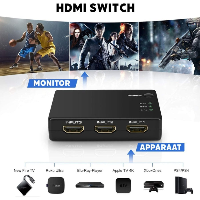 HDMI Switch - 3x Input 1x Output - 4K Ultra HD - 2K QHD - 1080P - High Performance HDMI Switch 4K - HDMI Switch met Afstandsbediening - HDMI Switch 3 Uitgangen - 3 in 1 uit HDMI Switch - Audio & Video - Phreeze