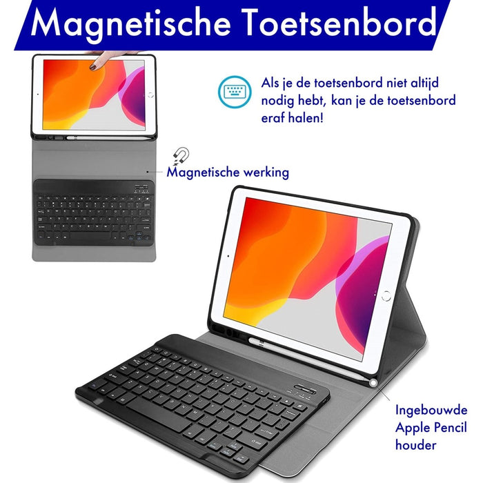 iPad 2017/2018 (9.7 inch) Hoes Toetsenbord - Leer - Keyboard Case voor Apple iPad 9.7 inch (5e en 6e Generatie) - iPad Hoesje met Toetsenbord - Donker Blauw - Bluetooth Toetsenbord iPad - iPad Toetsenbord - Tablet Hoezen - Phreeze