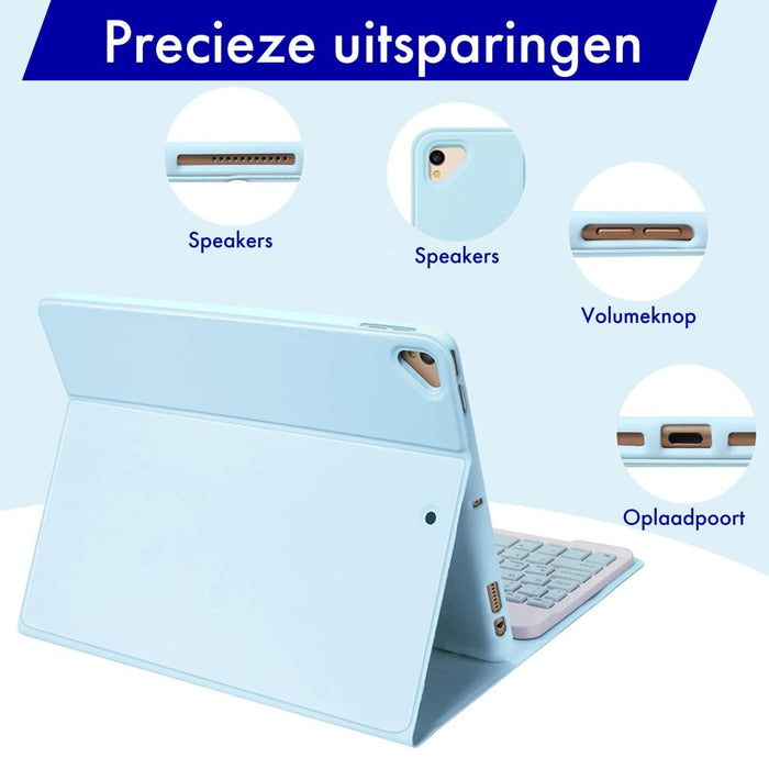 iPad 2017/2018 (9.7 inch) Hoes Toetsenbord - Leer - Keyboard Case voor Apple iPad 9.7 inch (5e en 6e Generatie) - iPad Hoesje met Toetsenbord - Licht Blauw - Bluetooth Toetsenbord iPad - iPad Toetsenbord - Tablet Hoezen - Phreeze