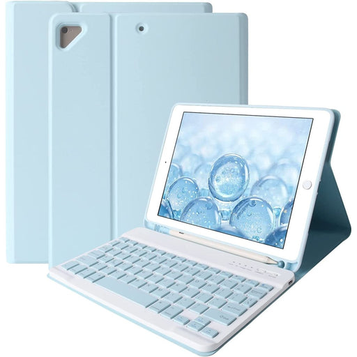 iPad 2017/2018 (9.7 inch) Hoes Toetsenbord - Leer - Keyboard Case voor Apple iPad 9.7 inch (5e en 6e Generatie) - iPad Hoesje met Toetsenbord - Licht Blauw - Bluetooth Toetsenbord iPad - iPad Toetsenbord - Tablet Hoezen - Phreeze