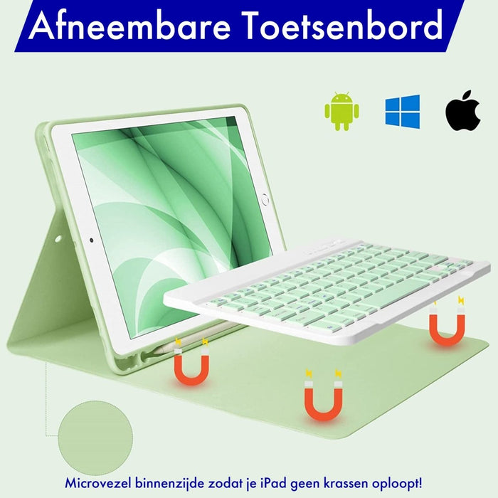 iPad 2019/2020/2021/2022 10.2 Inch Hoes Toetsenbord - Leer - Keyboard Case voor Apple iPad 10.2 7e/8e/9e generatie - iPad Hoesje met Toetsenbord - Licht Groen - Bluetooth Toetsenbord iPad - iPad Toetsenbord - Tablet Hoezen - Phreeze