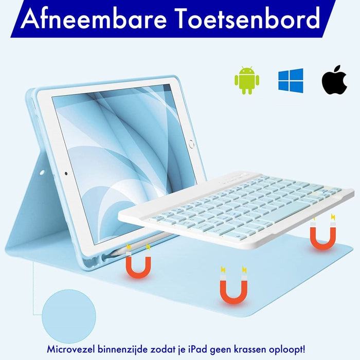 iPad Air / Air 2 (9.7 inch) Hoes Toetsenbord - Leer - Keyboard Case voor Apple iPad Air 9.7 inch (1e en 2e Generatie) - iPad Hoesje met Toetsenbord - Licht Blauw - Bluetooth Toetsenbord iPad - iPad Toetsenbord - Tablet Hoezen - Phreeze