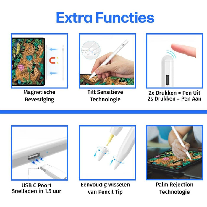 iPad Pen - Active Stylus Pen - Alternatief Apple Pencil - Exclusief voor iPad 2019, Air 2019, Pro 11, Pro 12 inch en nieuwer - Styluspen - Magnetisch opladen - Handdetectie - 2 Extra Punten - Tot 12 Uur Werktijd - Opbergdoosje wit - Telefoon Accessoires - Phreeze