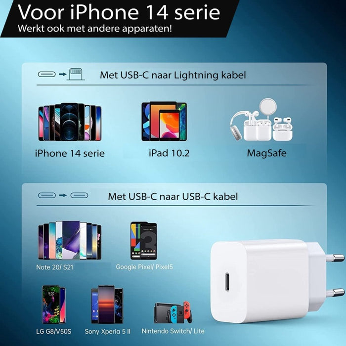 iPhone 14 Snellader + Oplader Kabel 1 Meter - USB C - Power Adapter voor Apple iPhone 14, iPhone 14 Plus, iPhone 14 Pro en iPhone 14 Pro Max