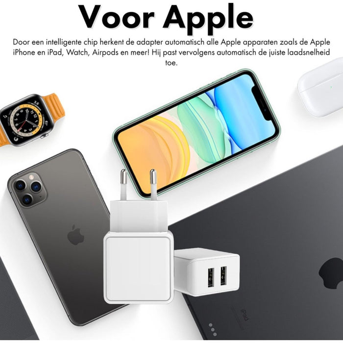 iPhone Adapter met 2 USB Poorten + 2x USB naar Lightning Kabel - 2 Meter - Geschikt voor Apple - Oplader iPhone, iPad, Airpods, Apple Watch - 12W Snellader - Wit