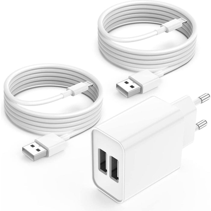 iPhone Adapter met 2 USB Poorten + 2x USB naar Lightning Kabel - 3 Meter - Geschikt voor Apple - Oplader iPhone, iPad, Airpods, Apple Watch - 12W Snellader - Wit