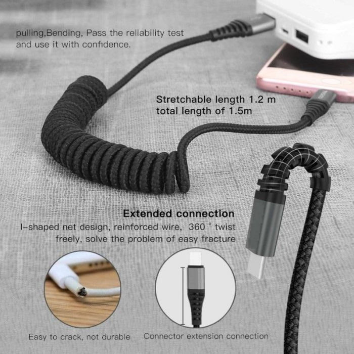 iPhone Oplader Kabel Lightning naar USB-kabel - Zwart - 1.5 Meter - Geschikt voor iPhone / iPad / iPhone 12 / iPad 2020 - Spiraalkabel – Krulsnoer - Spiraalsnoer - Geschikt voor iPad - Apple iPhone - iPhone 12 - iPhone 12 Pro
