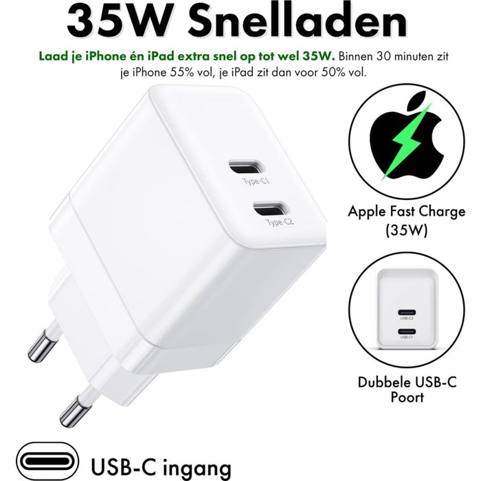 iPhone Snellader met 2x USB-C Poorten + 2x Stevige USB C Lightning Kabel 1 Meter - GaN Technologie - 35W Super Fast Charger - Geschikt voor Apple Macbook Air, iPhone, iPad, Airpods - Oplader - Oplaadstekker