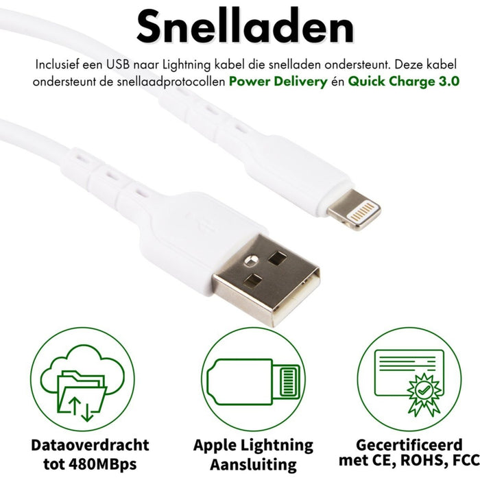 iPhone Snellader + USB naar Lightning Kabel - 1 Meter - 12W Fast Charger - Geschikt voor Apple iPhone SE, 7, 8, X, Xr, Xs, Xs Max, 11, 12, 13, 14