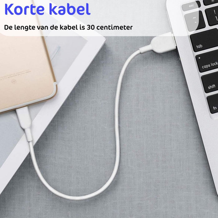 Korte USB naar iPhone Kabel - 30 CM - 2.4A Snelladen - Geschikt voor Apple - USB naar Lightning Kabel