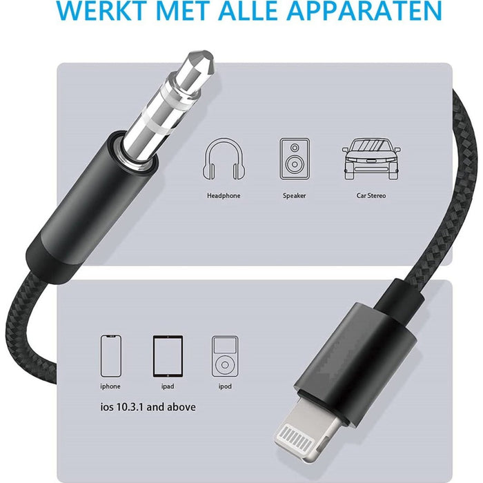 Lightning naar Jack Kabel - 3.5 Audio Hi-Fi - Nylon Gevlochten - Hi-Res Audio - Aux Kabel iPhone - Apple iPhone Lightning naar 3.5mm Kabel - 1.2M - Zwart