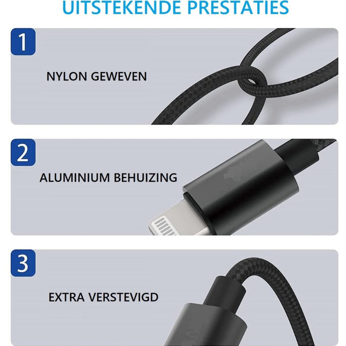 Lightning naar Jack Kabel - 3.5 Audio Hi-Fi - Nylon Gevlochten - Hi-Res Audio - Aux Kabel iPhone - Apple iPhone Lightning naar 3.5mm Kabel - 1.2M - Zwart