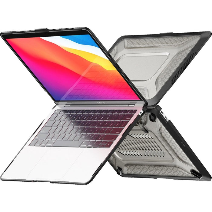 MacBook Air Hoes - ShockProof - Ingebouwde Standaard - MacBook Hardcover - Case - Geschikt voor MacBook Air 13 inch 2018 / 2019 / 2020 / 2021 - Macbook Air A1932 / A2179 / A2337 / M1 - Zwart + Transparant - MacBook Hardcase - Phreeze