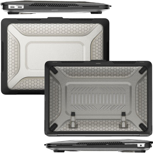 MacBook Air Hoes - ShockProof - Ingebouwde Standaard - MacBook Hardcover - Case - Geschikt voor MacBook Air 13 inch 2018 / 2019 / 2020 / 2021 - Macbook Air A1932 / A2179 / A2337 / M1 - Zwart + Transparant - MacBook Hardcase - Phreeze