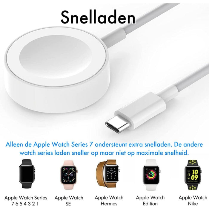 Magnetische Oplader voor Apple Watch Serie 1 t/m 7 - USB-C Kabel - Draadloze Snellader - 1 Meter - Wit