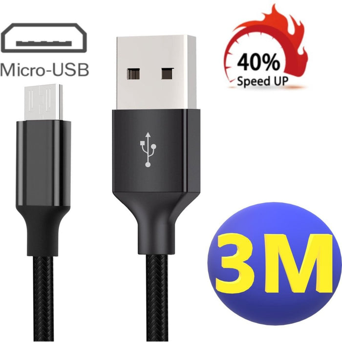 Micro USB Kabel - Nylon - 3M - Oplaadkabel - Snoer Micro USB - Geschikt voor PS4 - Samsung - Huawei - OPPO - Xiaomi - LG - Sony - HTC - Motorola