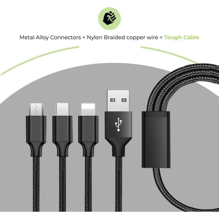 Multikabel USB | 3-in-1 USB C + Micro USB + Apple Lightning naar USB-kabel - Zwart | Geschikt voor Samsung S21 / S21+ / S21 Ultra | Apple iPhone X / iPhone Xs / iPhone 11 / iPhone 12 / iPad / Samsung Galaxy Tab kabel / iPad kabel / iPhone USB kabel