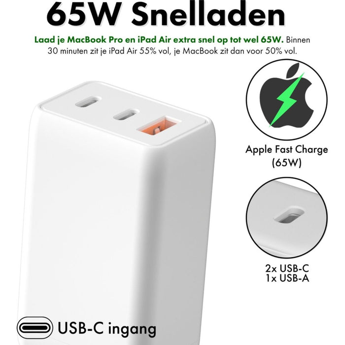 Next-Gen 3 in 1 USB C Snellader + Lightning Kabel - 2 Meter - 65W GaN Technologie - Oplader Geschikt voor Macbook Air, MacBook Pro, iPad Pro, iPhone 14, iPhone 13, iPhone 11 Pro Max, iPhone Xs Max, Tablet - Opladers - Phreeze