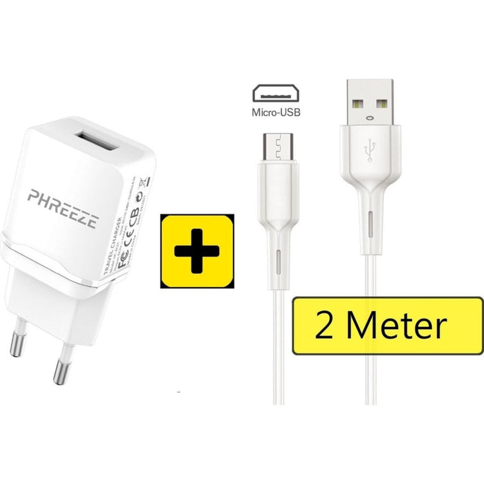 Oplaadstekker met Micro-USB Kabel | 2 Meter | USB Power Oplader voor Samsung / Xiaomi / OPPO / Huawei / LG / Sony / HTC | Lader met Micro USB Kabel