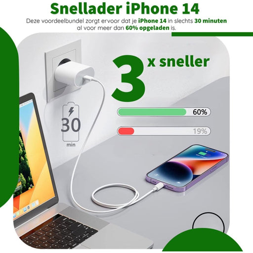 Oplader iPhone 14 - Snellader + USB C naar Lightning Kabel - 1 Meter - Wit - Geschikt voor Apple iPhone 14, 14 Pro, 14 Plus, 14 Pro Max - Opladers - Phreeze