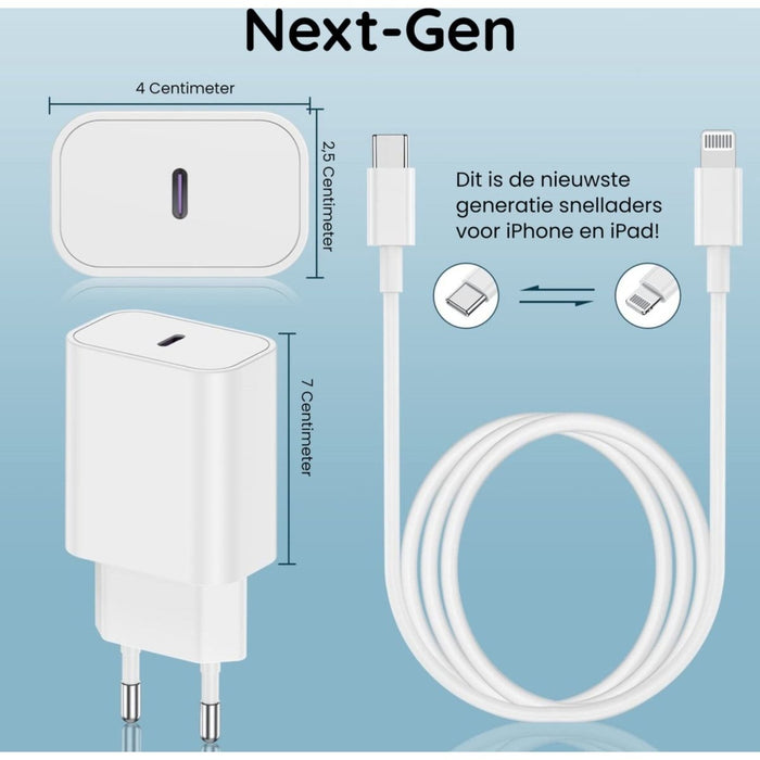 Oplader iPhone - Snellader inclusief Oplaadkabel van 1 meter - Geschikt voor Apple iPhone en iPad