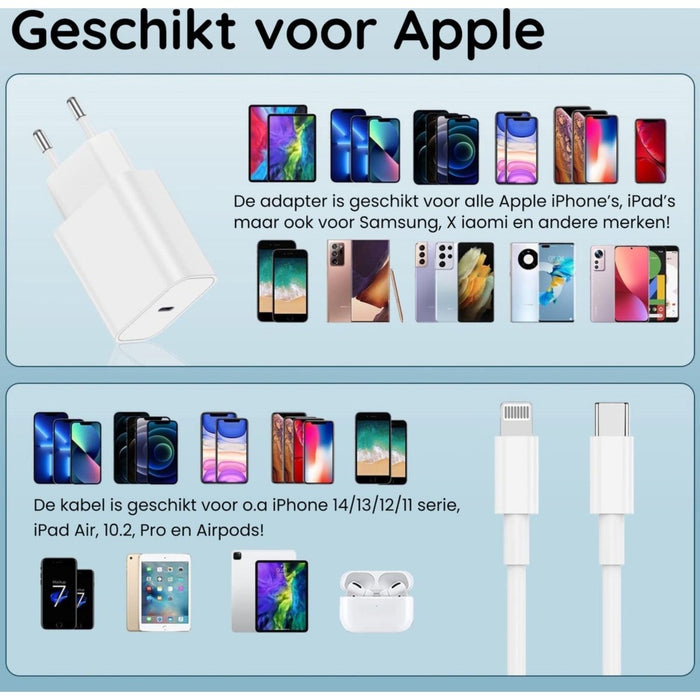 Oplader iPhone - Snellader inclusief Oplaadkabel van 2 meter - Geschikt voor Apple iPhone en iPad
