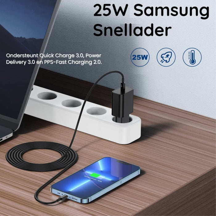 Oplader Samsung - Snellader inclusief Oplaadkabel van 2 meter - Super Fast Charger (25W) - Geschikt voor Samsung Galaxy Z Fold, S22 Ultra, S21 FE, Tab A8, Tab S7 FE etc.