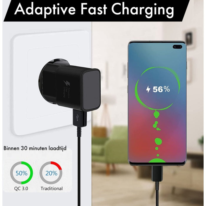 Oplader voor Samsung + USB C oplaadkabel - 1 meter - Smart Fast Charger - zwart - Snellader met USB naar USB-C kabel