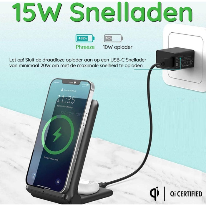 Phreeze 2-in-1 Draadloze Oplader - 15W - Snellader - Wireless Fast Charger - Geschikt voor Apple iPhone, Apple Airpods, Samsung Galaxy S20, S21, S22, Z Fold 4, Z Flip 4