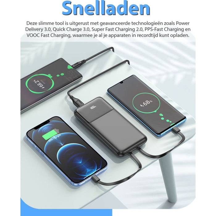 Phreeze 2-in-1 Powerbank 10.000 mAh met ingebouwde USB-C en Apple Lightning Kabel - Snellader - Powerbank Samsung - Powerbank iPhone - LED Display - Phreeze