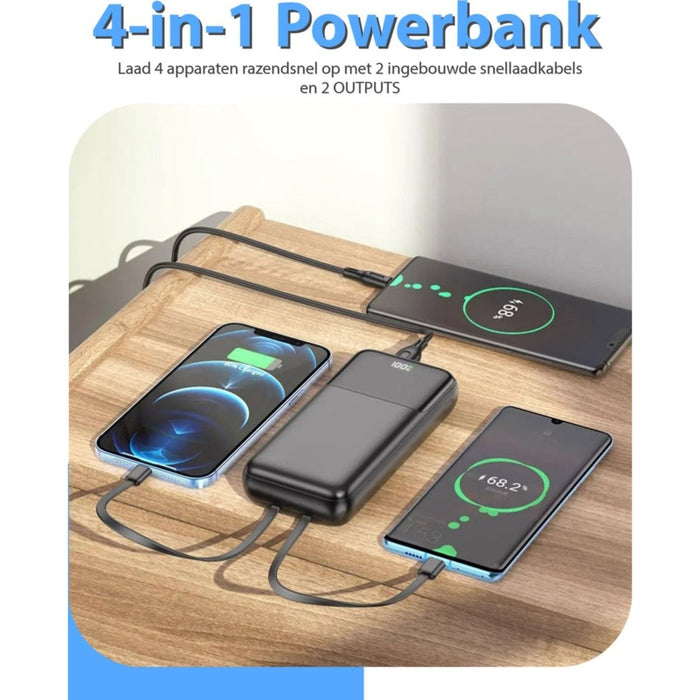 Phreeze 2-in-1 Powerbank 10.000 mAh met ingebouwde USB-C en Apple Lightning Kabel - Snellader - Powerbank Samsung - Powerbank iPhone - LED Display - Phreeze