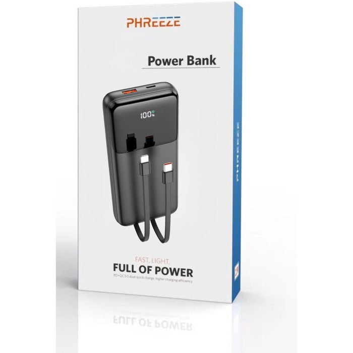 Phreeze 2-in-1 Powerbank 10.000 mAh met ingebouwde USB-C en Apple Lightning Kabel - Snellader - Powerbank Samsung - Powerbank iPhone - LED Display - Phreeze