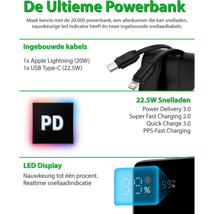 Phreeze 2-in-1 Powerbank 20.000 mAh met ingebouwde USB-C en Apple Lightning Kabel - Snellader - Powerbank Samsung - Powerbank iPhone - LED Display - Phreeze