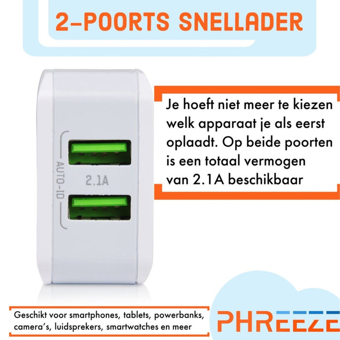 Phreeze 2.1A Duo USB Oplader met Fast Charge - PHR-A2202N