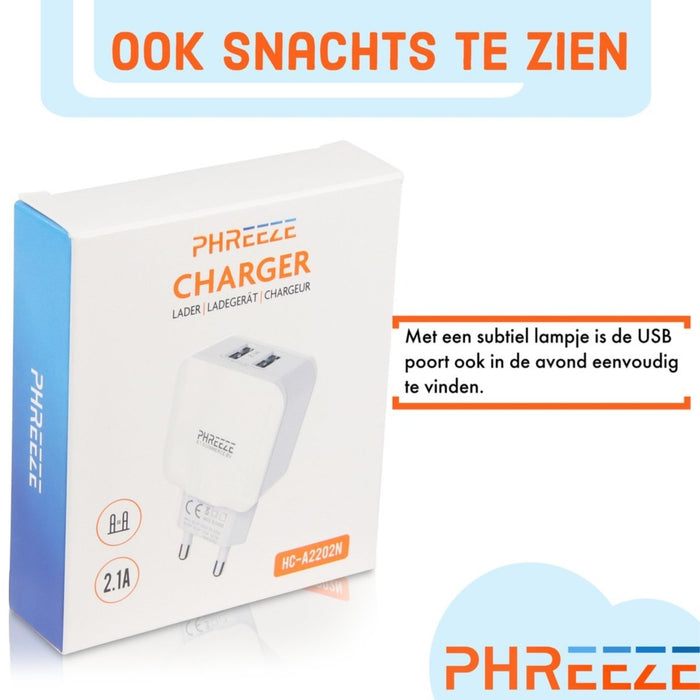 Phreeze 2.1A Duo USB Oplader met Fast Charge - PHR-A2202N