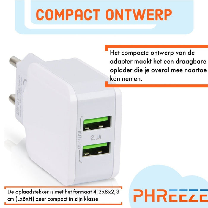 Phreeze 2.1A Duo USB Oplader met Fast Charge - PHR-A2202N