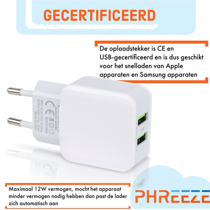 Phreeze 2.1A Duo USB Oplader met Fast Charge - PHR-A2202N