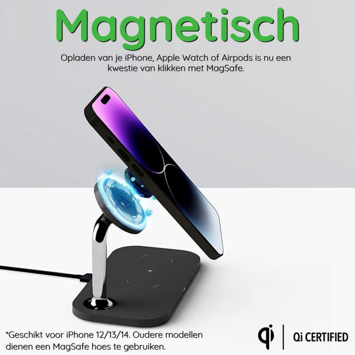 Phreeze 3-in-1 Draadloze MagSafe Oplader - 15W - Snellader - Zwart - Wireless Fast Charger - Geschikt voor Apple iPhone , Apple Airpods, Apple Watch