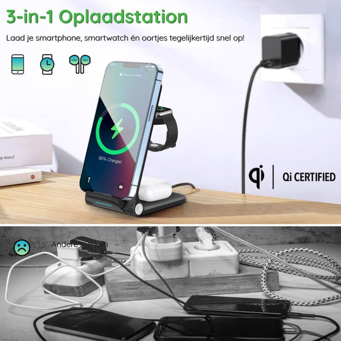 Phreeze 3-in-1 Draadloze Oplader - 15W - Snellader - Zwart - Wireless Fast Charger - Geschikt voor Apple iPhone , Apple Airpods, Apple Watch