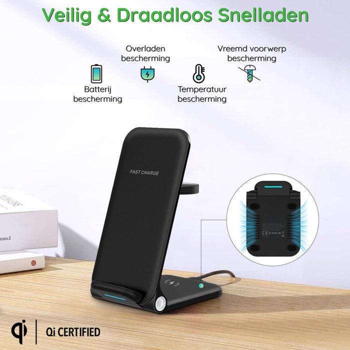 Phreeze 3-in-1 Draadloze Oplader - 15W - Snellader - Zwart - Wireless Fast Charger - Geschikt voor Apple iPhone , Apple Airpods, Apple Watch