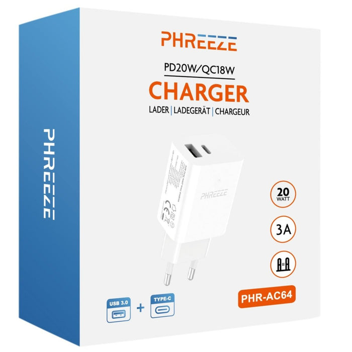 Phreeze 38W USB-C en USB-A Duo Adapter met Power Delivery en Quick Charge 3.0 - PHR-AC64