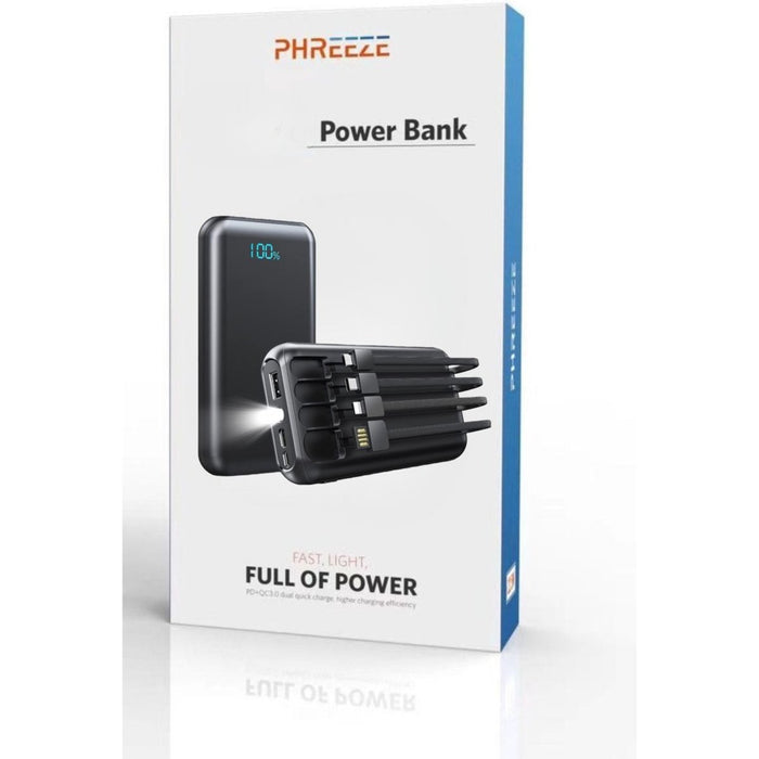 Phreeze 5-in-1 Powerbank 10.000 mAh met Zaklamp - Ingebouwde Apple Lightning Kabel + USB-C + Micro-USB Opladerkabel - Snellader - Oplaadbare Batterij - Geschikt voor Vliegtuig, iPhone, Samsung - Universeel - Phreeze