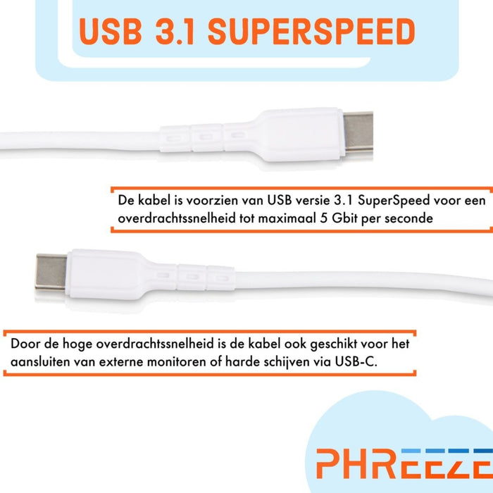 Phreeze 5x USB Type C naar USB Type C kabel 1M 60W Quick Charge  - Snel laad functie
