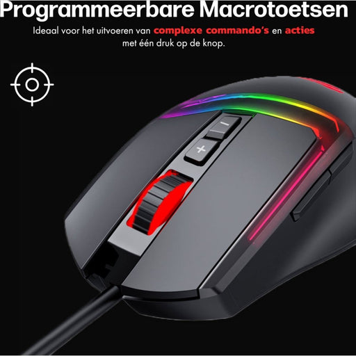 Phreeze Bedrade Gaming Muis - 10000 DPI - RGB Verlichting - Macro Knoppen - 7 Knoppen - MMO/MOBA/FPS - Zwart - Computer - Phreeze