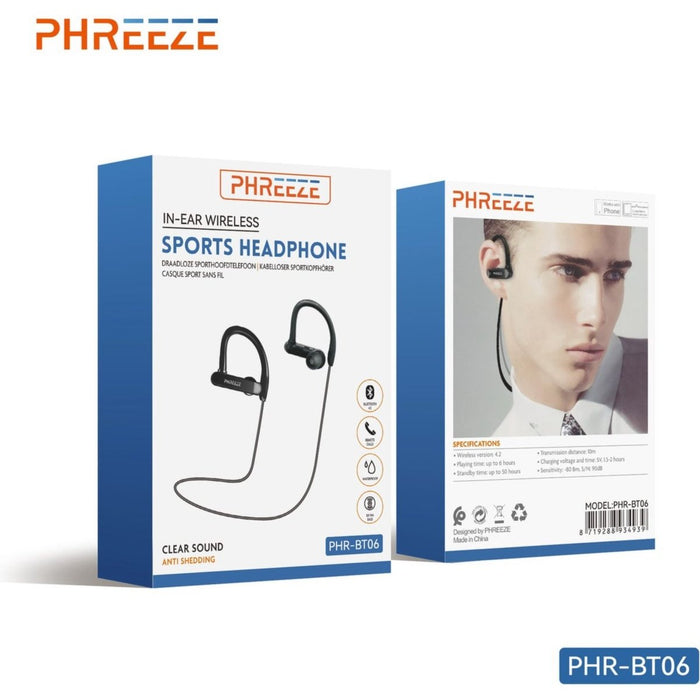 Phreeze BT06 Draadloze Sport Oordopjes - Hardloop Oordopjes - Sport Oortjes - Sportoortjes - Oordopjes Bluetooth - Hardlopen - Stevige Oorbevestiging met Haakjes - Krachtige Bass - Waterdicht IPX8 - Sport Oordopjes - Voor Apple en Android.