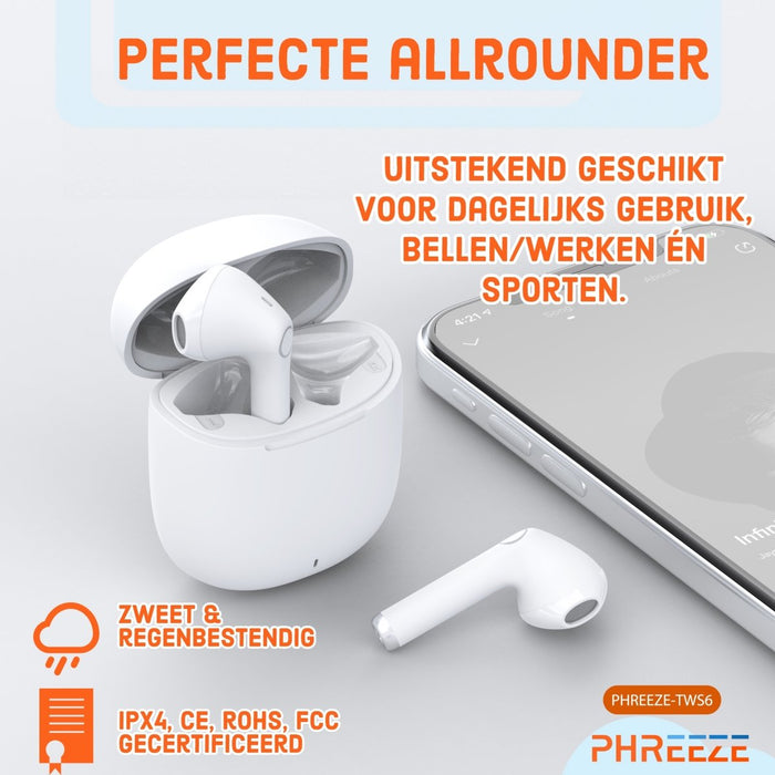 Phreeze Draadloze Oordopjes - Bluetooth Oordopjes - True Wireless - Bluetooth V5.1 - Draadloze Oortjes - Oortjes met Microfoon - Oortjes Draadloos - Oordopjes Draadloos - Alternatief AirPods , Apple, Android, JBL, Samsung