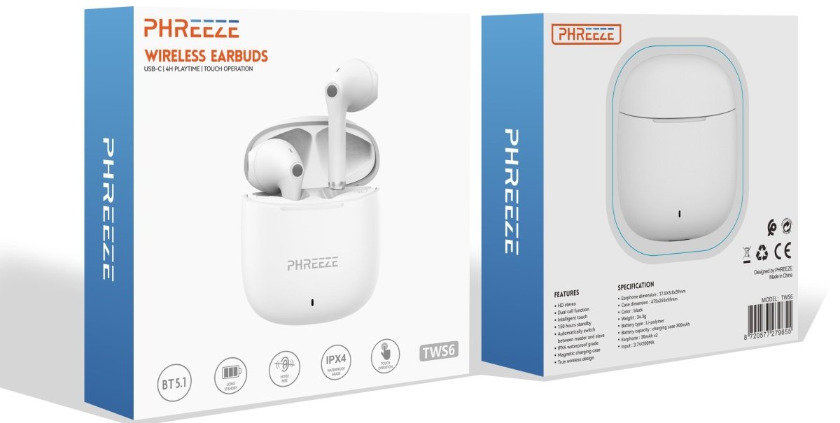 Phreeze Draadloze Oordopjes - Bluetooth Oordopjes - True Wireless - Bluetooth V5.1 - Draadloze Oortjes - Oortjes met Microfoon - Oortjes Draadloos - Oordopjes Draadloos - Alternatief AirPods , Apple, Android, JBL, Samsung